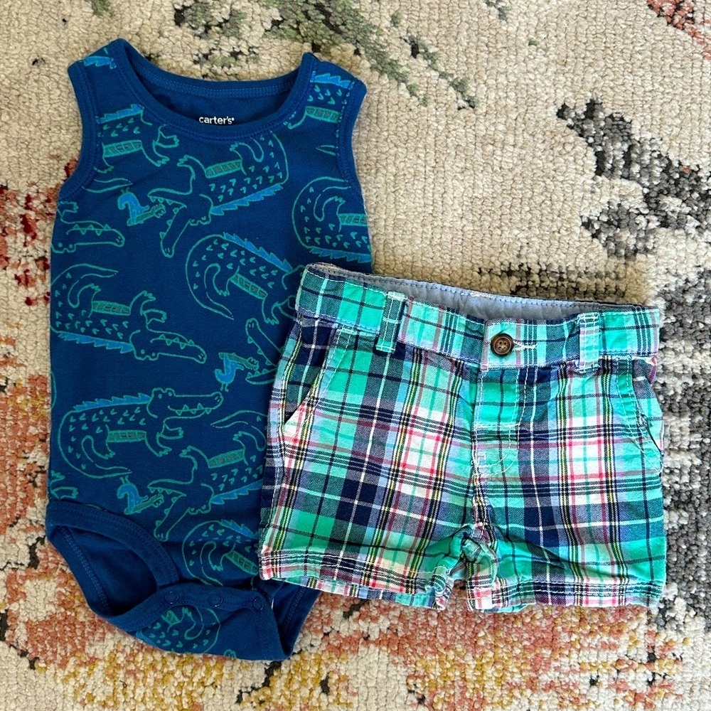 Carter’s 12 Month Retro Baby Boy Summer Outfit Plaid Shorts & vibrant Dino top